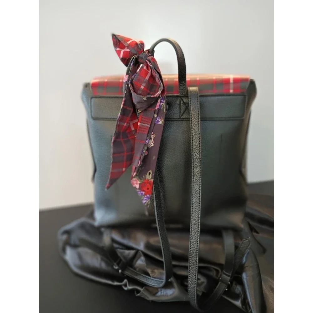 Steve Madden Black Pebbled Plaid Flap Backpack with‎ Floral Scarf Accent